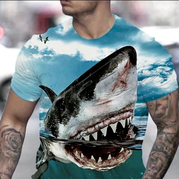 🔴 CLEARANCE 🏷️ NWT 🦈 2-D CREW NECK “JAWS” GREAT WHITE SHARK 2-SIDE TSHIRT Men XL - Picture 2 of 7